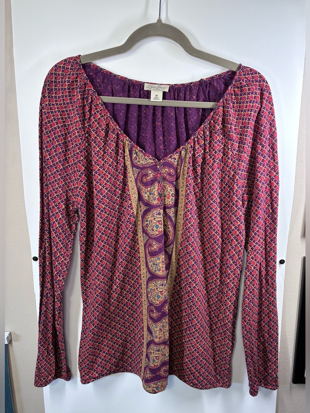 Lucky Brand Women's Medium Purple Floral Paisley Boho Peasant Top